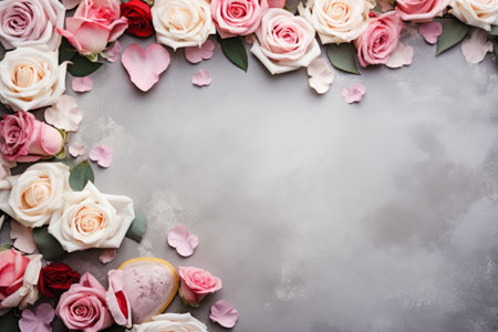 Top view pastel color hearts and roses on gray background, mother's day, women's day or Valentine's day concept.の素材