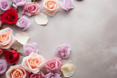 Top view pastel color hearts and roses on gray background, mother's day, women's day or Valentine's day concept.の素材