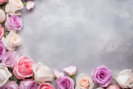 Top view pastel color hearts and roses on gray background, mother's day, women's day or Valentine's day concept.の素材
