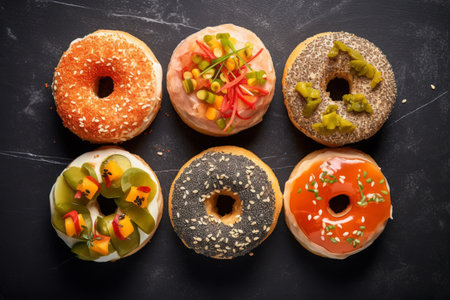 Top view of sushi donuts on black table, decorated with fish and vegetables. Japanese food in American style.の素材