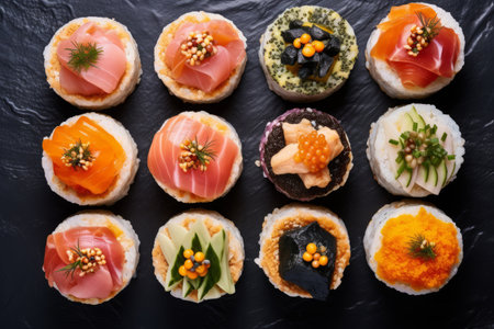 Top view of sushi donuts on black table, decorated with fish and vegetables. Japanese food in American style.の素材
