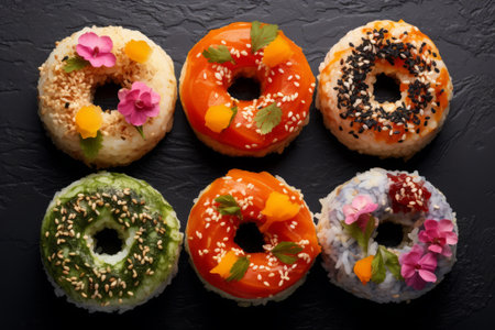 Top view of sushi donuts on black table, decorated with fish and vegetables. Japanese food in American style.の素材