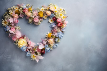 Composition of fresh flowers in shape of heart, on gray background, copy space for text, holiday greeting card.の素材
