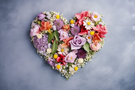 Composition of fresh flowers in shape of heart, on gray background, copy space for text, holiday greeting card.の素材