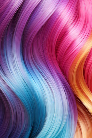 Shiny colored in rainbow style curly hair, lgbtq pride concept. wavy long shiny hair texture.の素材