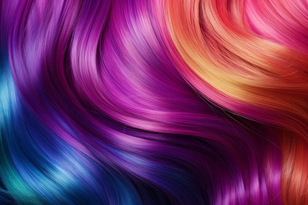 Shiny colored in rainbow style curly hair, lgbtq pride concept. wavy long shiny hair texture.の素材