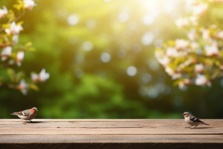 Wood table with copy space and blurred spring forest with birds on background.の素材