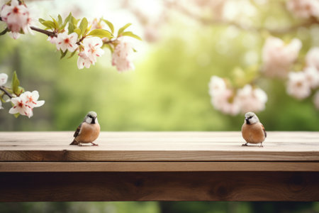 Wood table with copy space and blurred spring forest with birds on background.の素材