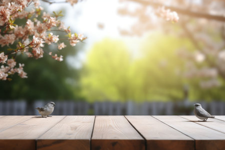 Wood table with copy space and blurred spring forest with birds on background.の素材