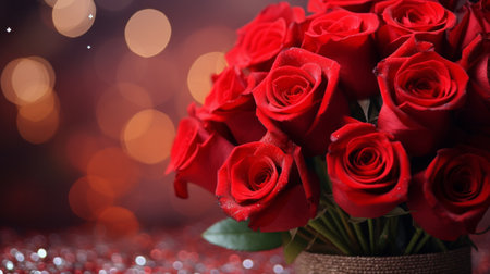 Valentine's day postcard a bouquet of red roses on a background bokeh of hearts.の素材