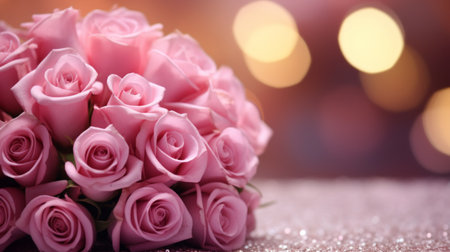 Valentine's day concept a bouquet of dusty pink roses on smooth background lights bokeh.の素材