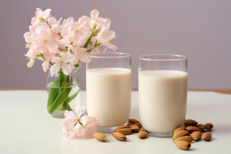 Two glasses filled with almond milk and flowers on white table.の素材