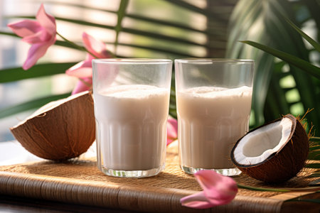 Two glasses of delicious coconut milk on a table near to tropical plants branches.の素材