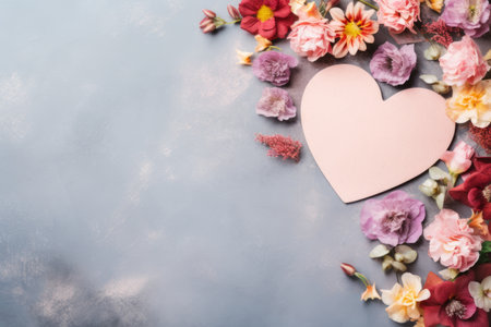 Top view pastel color Valentine's day hearts and natural flowers on concrete background.の素材