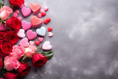 Top view Fresh Pink and red roses and heart shaped candies on concrete gray background.の素材