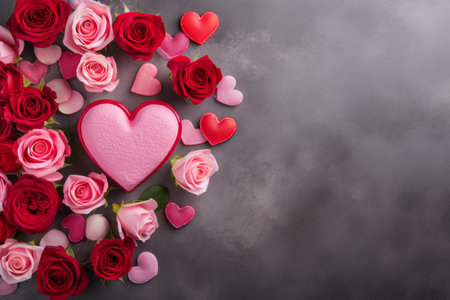 Top view Fresh Pink and red roses and heart shaped candies on concrete gray background.の素材