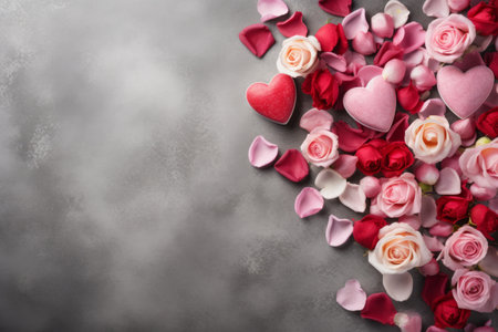 Top view pastel color Valentine's day hearts and natural flowers on concrete background.の素材