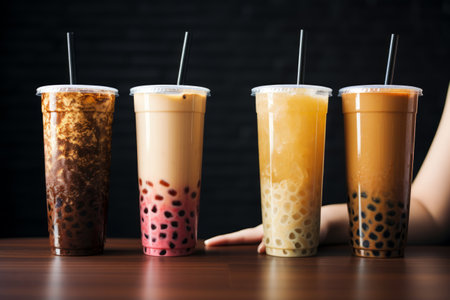 four plastic glasses of Korean bubble tea prepared in modern cafe, standing in row on bar stand.の素材