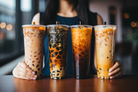 four different types of bubble tea and unrecognizable woman standing behind.の素材