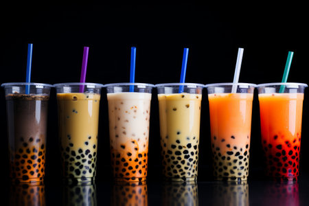 Six big plastic cups of bubble tea in a row.の素材