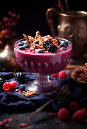 A bowl of fruit soup with granola and berries.の素材
