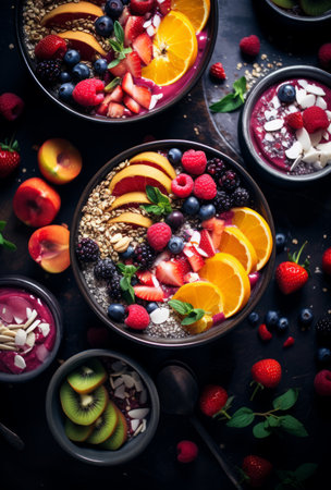 A bowl of fruit yogurt with granola, citrus and berriesの素材
