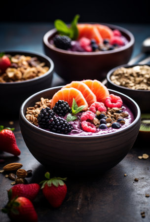 A bowl of fruit soup with granola, orange and berries.の素材