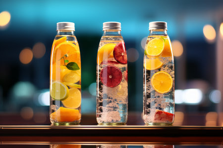 a row of three detox bottles with juice, water and fruit in them.の素材