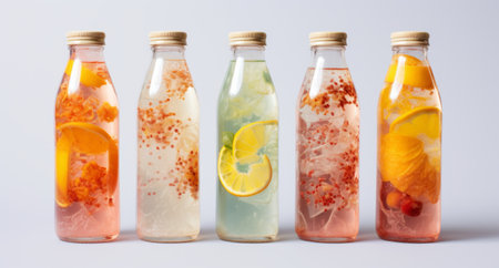 A row of different detox bottles with juice, water and fruitの素材