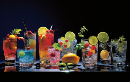 An assortment of alcoholic drinks with a lime, lemon and garnishes for cocktail partyの素材