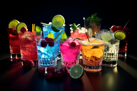 Variety of alcoholic drinks with a lime, lemon and garnishesの素材