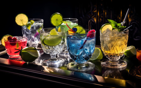 An assortment of alcoholic drinks with a lime, lemon and garnishesの素材