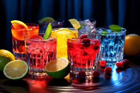 Variety of alcoholic cocktails with a lime, lemon and garnishes for cocktail party.の素材