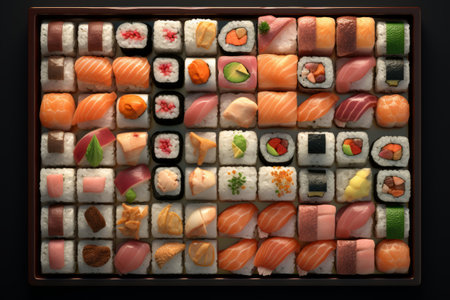 Assortment of sushi pieces in a square shape, mosaic style.の素材