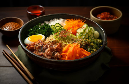 bowl of stuffed Korean kimbap, a bowl of meat vegetables and egg.の素材