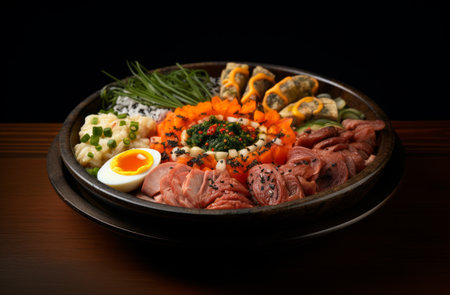 Bowl of stuffed Korean kimbap, a bowl of meat vegetables and egg.の素材