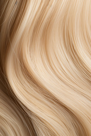 close up vertical of natural blonde wavy long shiny hair texture.の素材