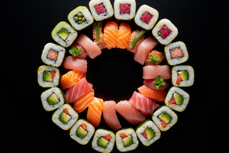 Fresh sushi made from vegetables, fresh fish and seafood, served in circleの素材
