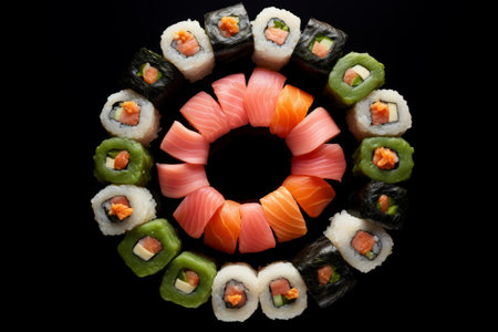 Fresh sushi made from vegetables, fresh fish and seafood, served in circleの素材