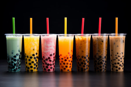 Arranged variety of bubble tea flavors in different colors and toppings.の素材