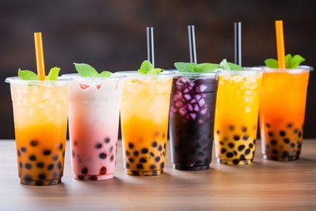 Arranged variety of bubble tea flavors in different colors and toppings.の素材