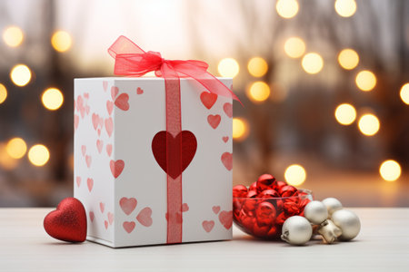 White box and red ribbon product packaging decorated in Valentine's day holiday festive style, copy space.の素材