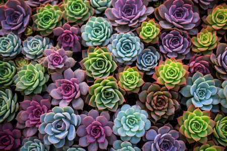 A close-up photo of a vibrant succulent garden.の素材