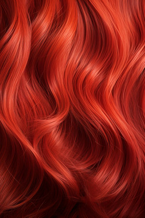 Red curly hair texture close-up, brightly red healthy wavy female hairの素材