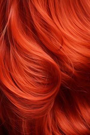 Red curly hair texture close-up, brightly red healthy wavy female hairの素材