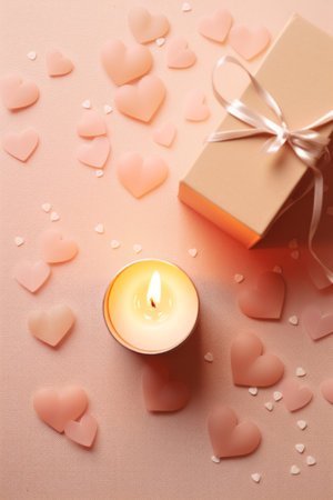Top view candle, red roses and gift box on peach fizz background, copy space.の素材