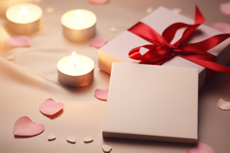 Candles, roses and gift box, Valentine's mock-up blank card on a white table.の素材