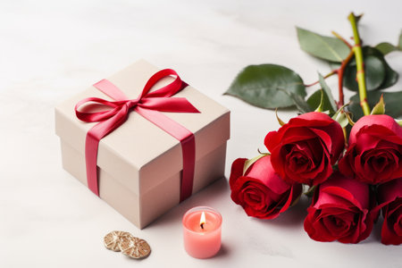 Candle, roses and gift box, Valentine's card on a table.の素材