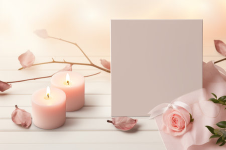 Candles, roses and gift box, Valentine's mock-up blank card on a white table.の素材