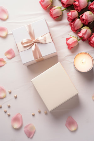 Candle, hearts and gift box, Valentine's mock-up blank card on a white table.の素材